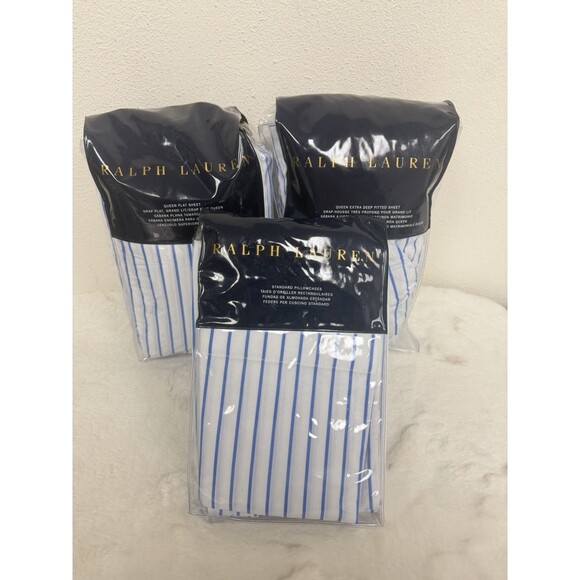 Ralph Lauren Queen Prescot Stripe 4 Piece Complete Sheet Set $500 White/Blue